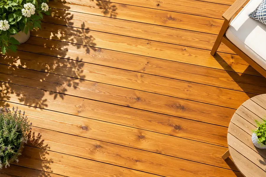 Terrasse en bois nettoyée au surfaceur rotatif, teinte homogène