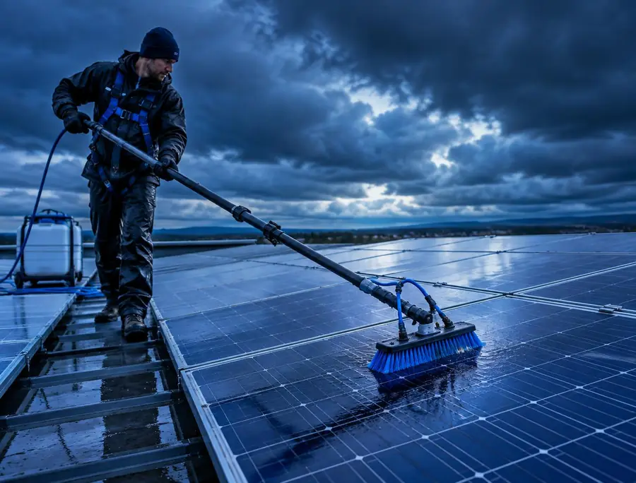 Technicien SoleyPro nettoyant des panneaux photovoltaïques à la brosse douce et à l'eau osmosée